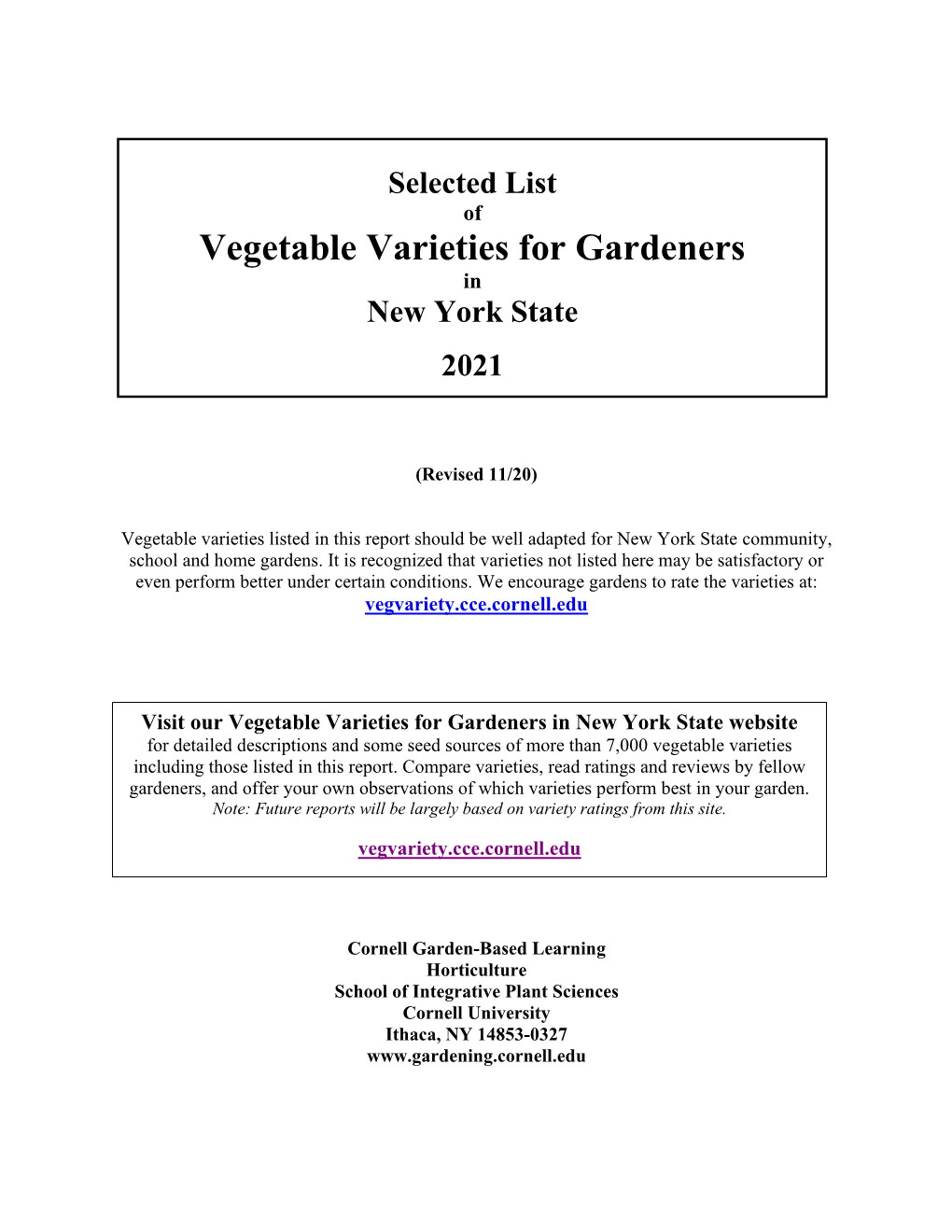 Selected List of Vegetable Varieties for Gardeners in New York State