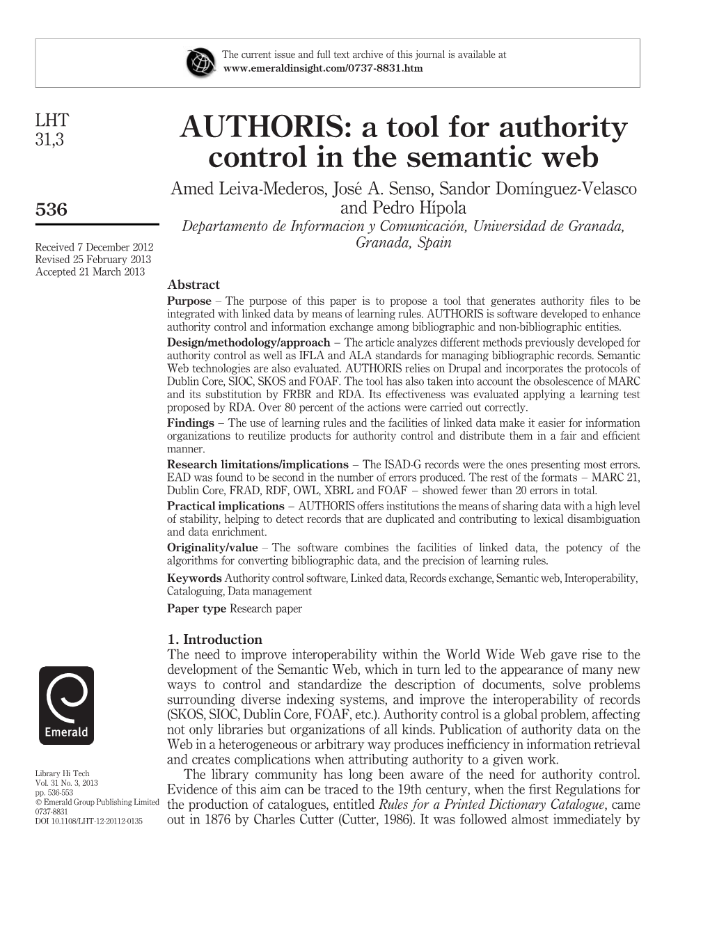 AUTHORIS: a Tool for Authority Control in the Semantic Web Amed Leiva-Mederos, Jose´ A