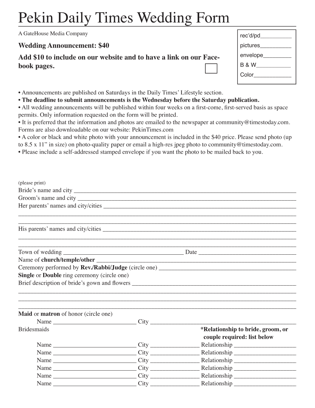 Pekin Daily Times Wedding Form