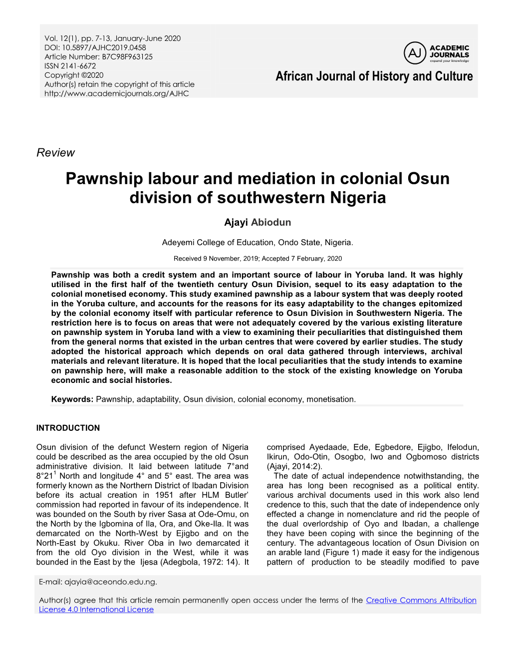 Pawnship Labour and Mediation in Colonial Osun Division of Southwestern Nigeria