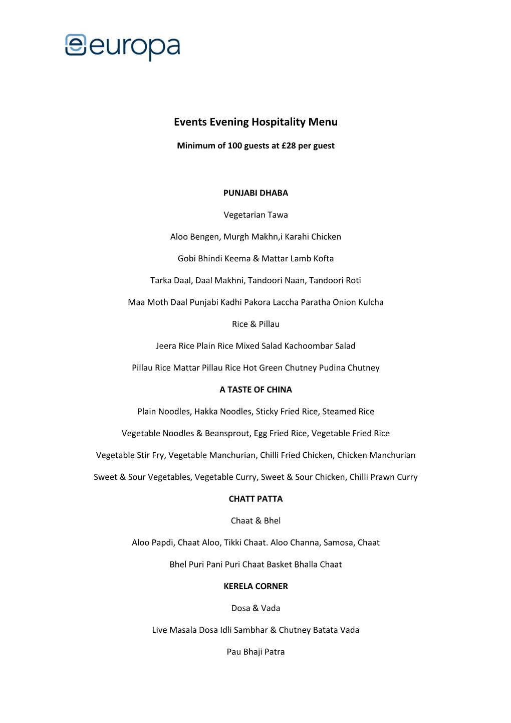 Events Evening Hospitality Menu