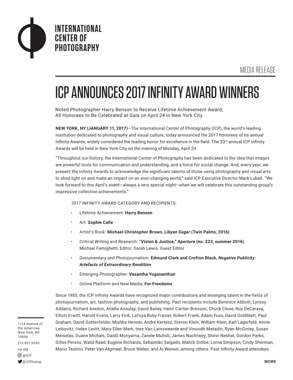 Icp Announces 2017 Infinity Award Winners