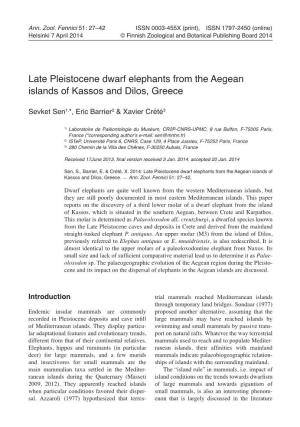 Late Pleistocene Dwarf Elephants from the Aegean Islands of Kassos and Dilos, Greece