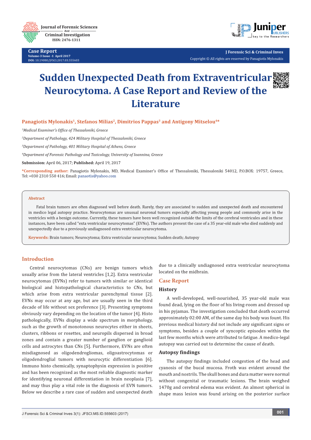 Sudden Unexpected Death from Extraventricular Neurocytoma. a Case Report and Review of the Literature