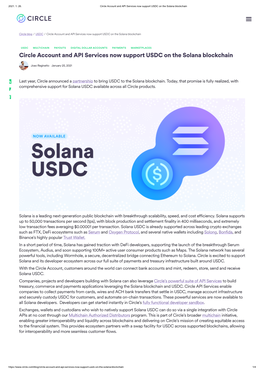 Circle Account and API Services Now Support USDC on the Solana Blockchain