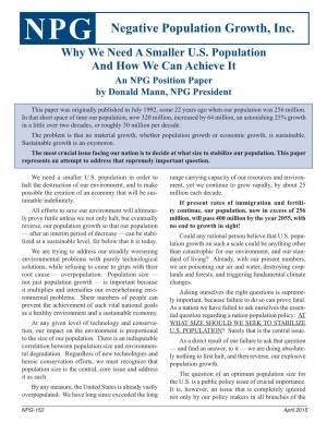 Why We Need a Smaller U.S. Population and How We Can Achieve It an NPG Position Paper by Donald Mann, NPG President