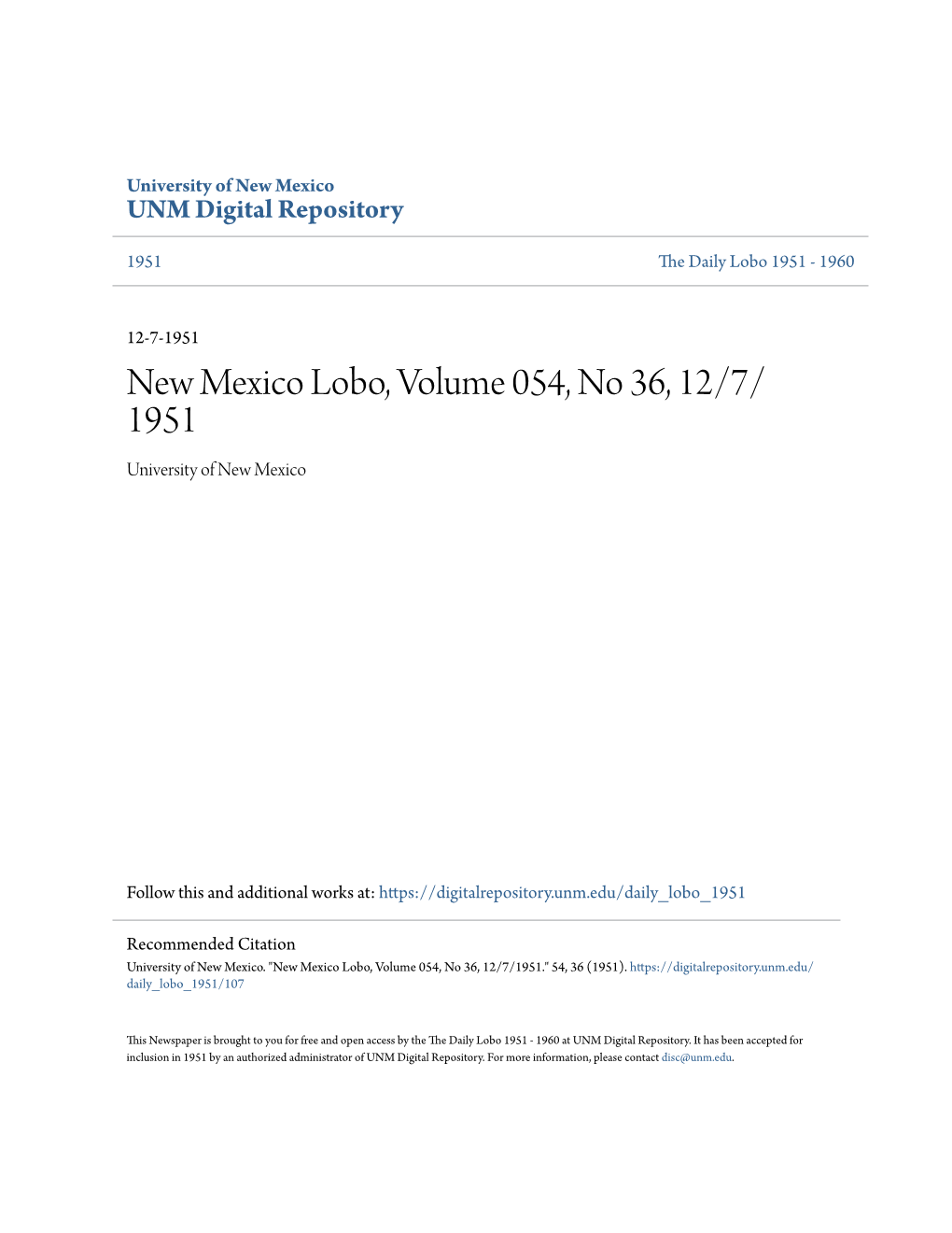 New Mexico Lobo, Volume 054, No 36, 12/7/1951.