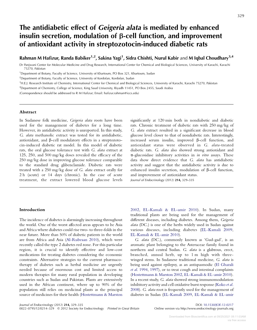 The Antidiabetic Effect of Geigeria Alata Is Mediated by Enhanced