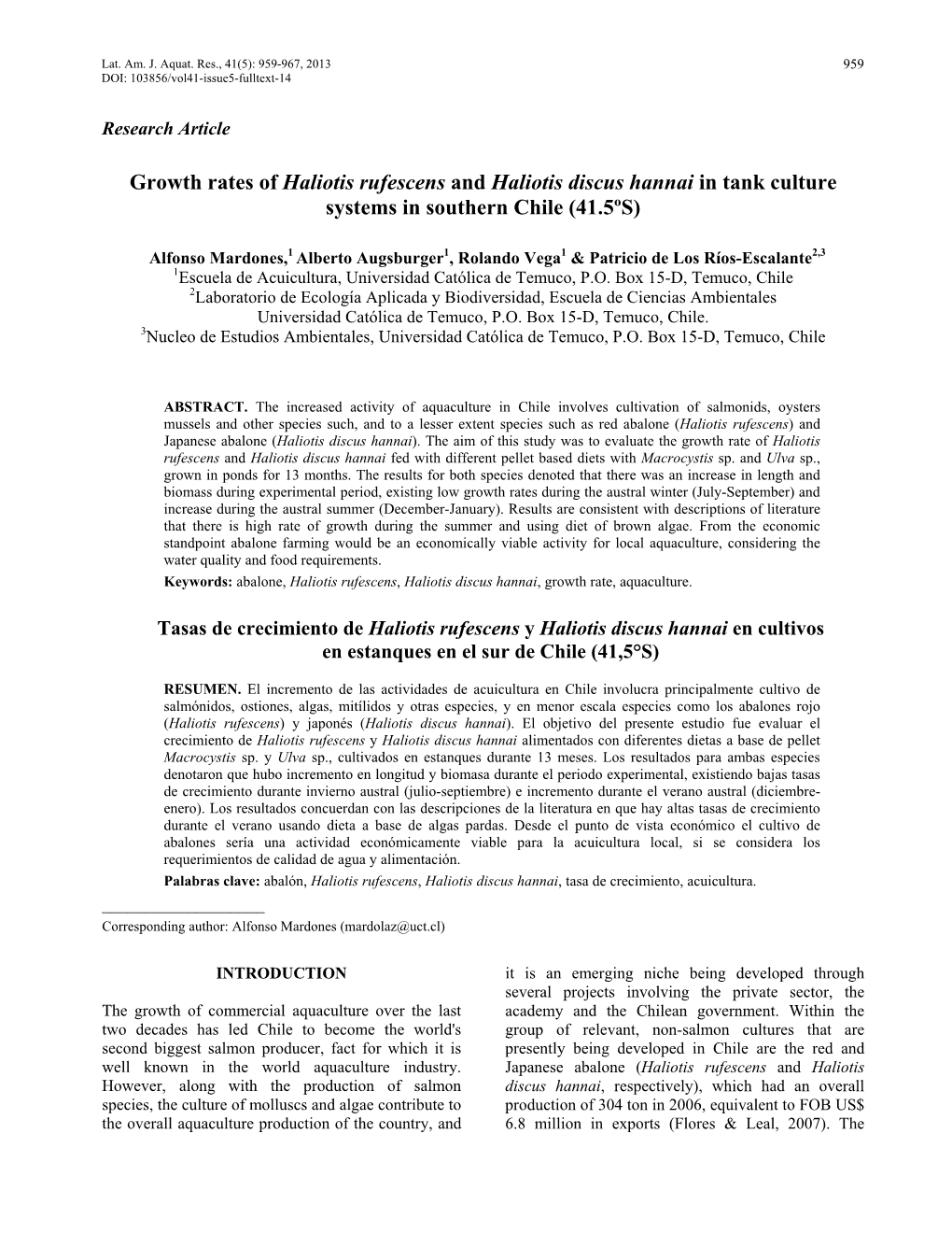 Growth Rates of Haliotis Rufescens and Haliotis Discus Hannai in Tank Culture Systems in Southern Chile (41.5ºS)