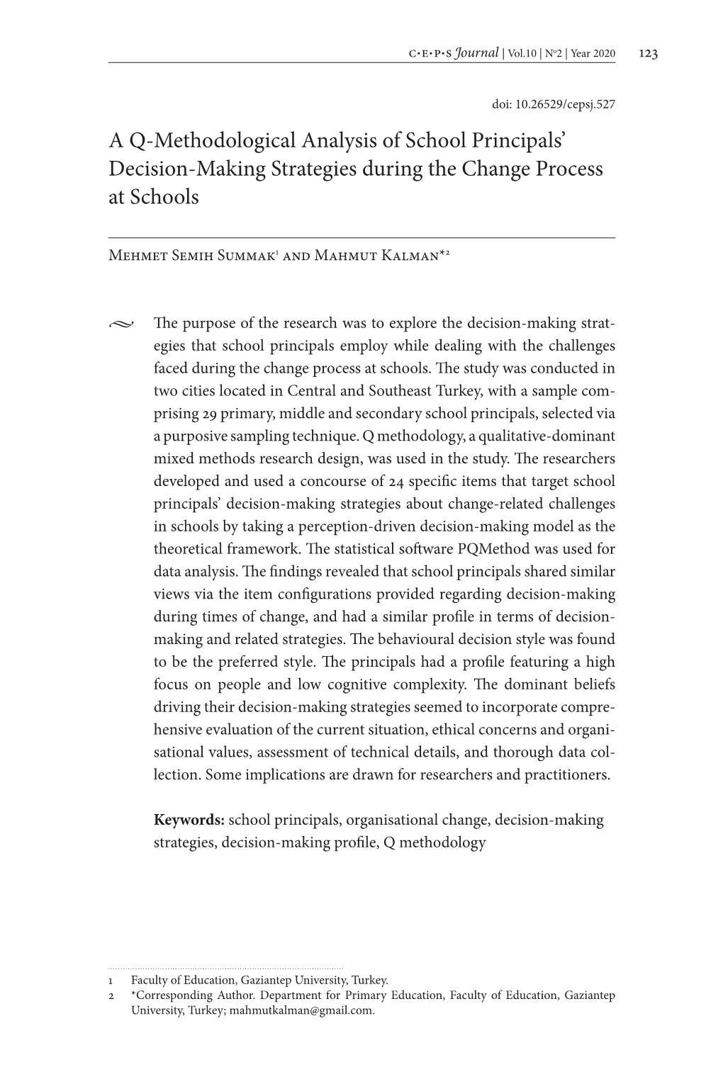 A Q-Methodological Analysis of School Principals' Decision-Making