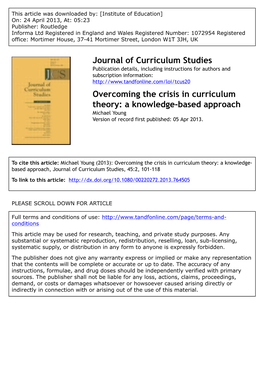 Overcoming the Crisis in Curriculum Theory: a Knowledge-Based Approach Michael Young Version of Record First Published: 05 Apr 2013