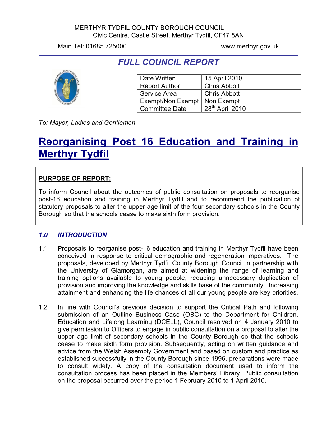 Reorganising Post 16 Education and Training in Merthyr Tydfil