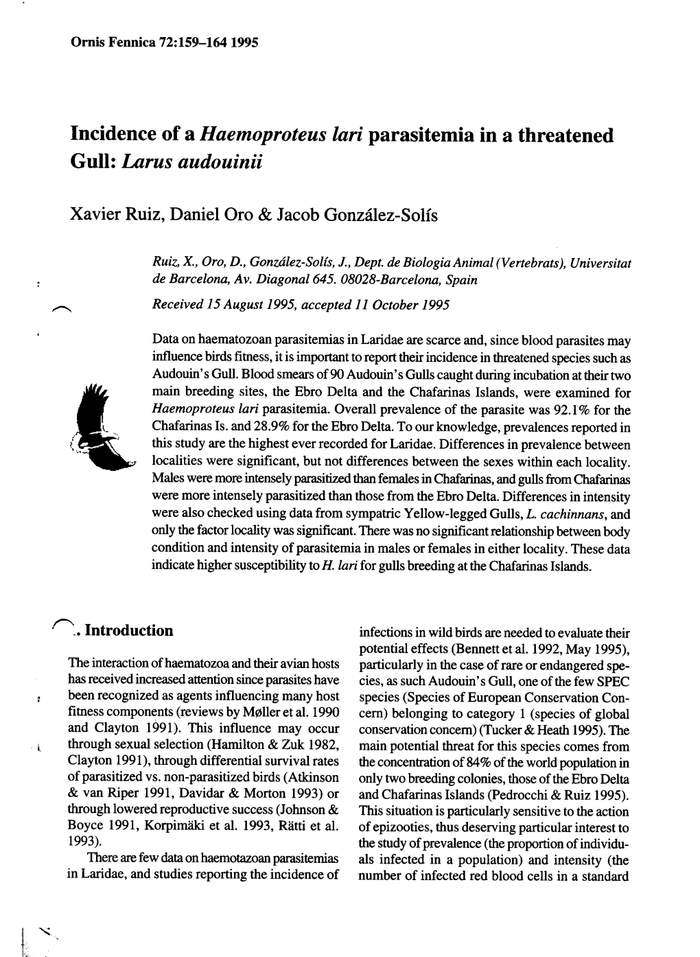 Incidence of a Haemoproteus Lari Parasitemia in a Threatened Goll