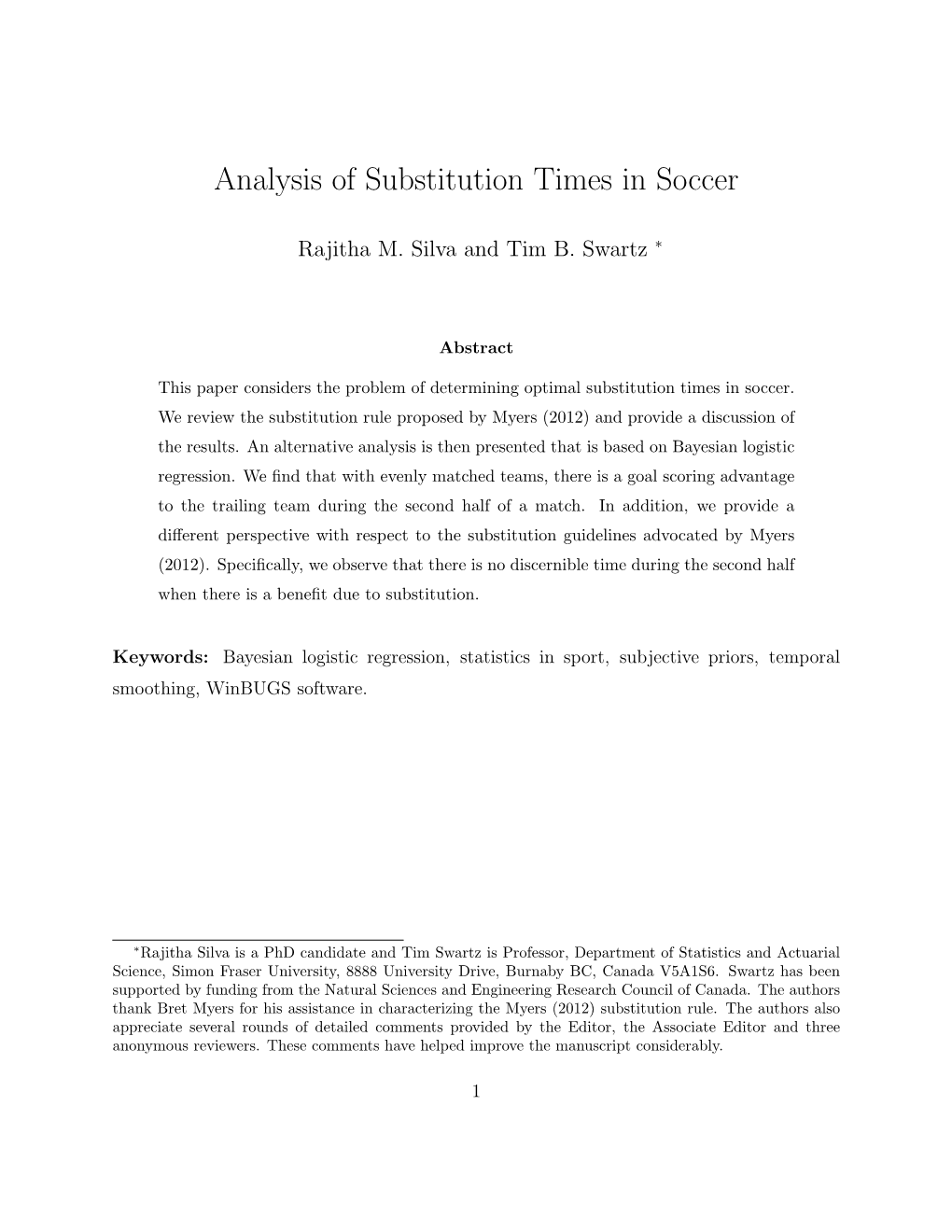 Analysis of Substitution Times in Soccer