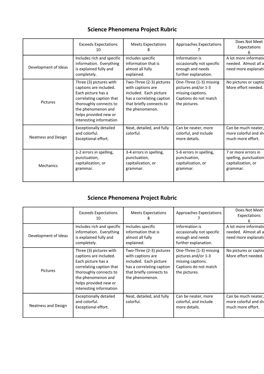 Science Phenomena Project Rubric