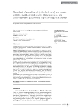 The Effect of Camelina Oil (Α-Linolenic Acid) and Canola Oil (Oleic Acid) on Lipid Profile, Blood Pressure, and Anthropometric Parameters in Postmenopausal Women