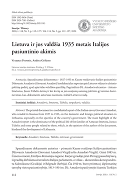 Lietuva Ir Jos Valdžia 1935 Metais Italijos Pasiuntinio Akimis