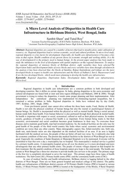 A Micro Level Analysis of Disparities in Health Care Infrastructure in Birbhum District, West Bengal, India
