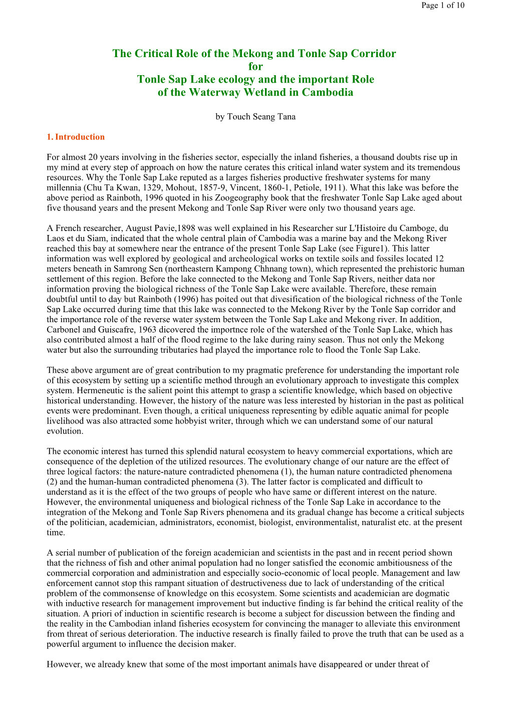 The Critical Role of the Mekong and Tonle Sap Corridor for Tonle Sap Lake Ecology and the Important Role of the Waterway Wetland in Cambodia