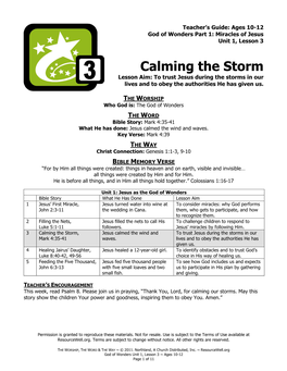 Calming the Storm Lesson Aim: to Trust Jesus During the Storms in Our Lives and to Obey the Authorities He Has Given Us