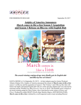 Aniplex of America Announces March Comes in Like a Lion Season 2 Acquisition and Season 1 Release on Blu-Ray with English Dub