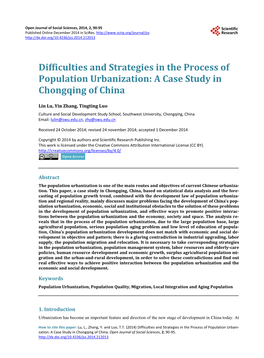 Difficulties and Strategies in the Process of Population Urbanization: a Case Study in Chongqing of China
