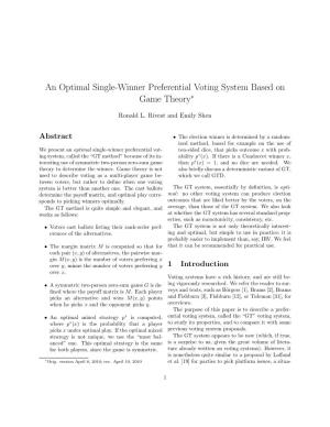 An Optimal Single-Winner Preferential Voting System Based on Game Theory∗