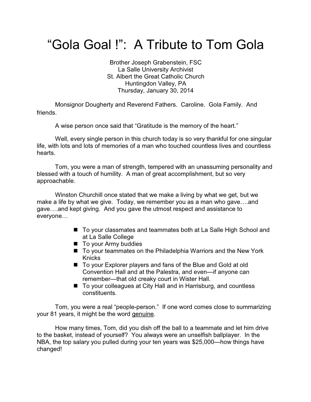 “Gola Goal !”: a Tribute to Tom Gola