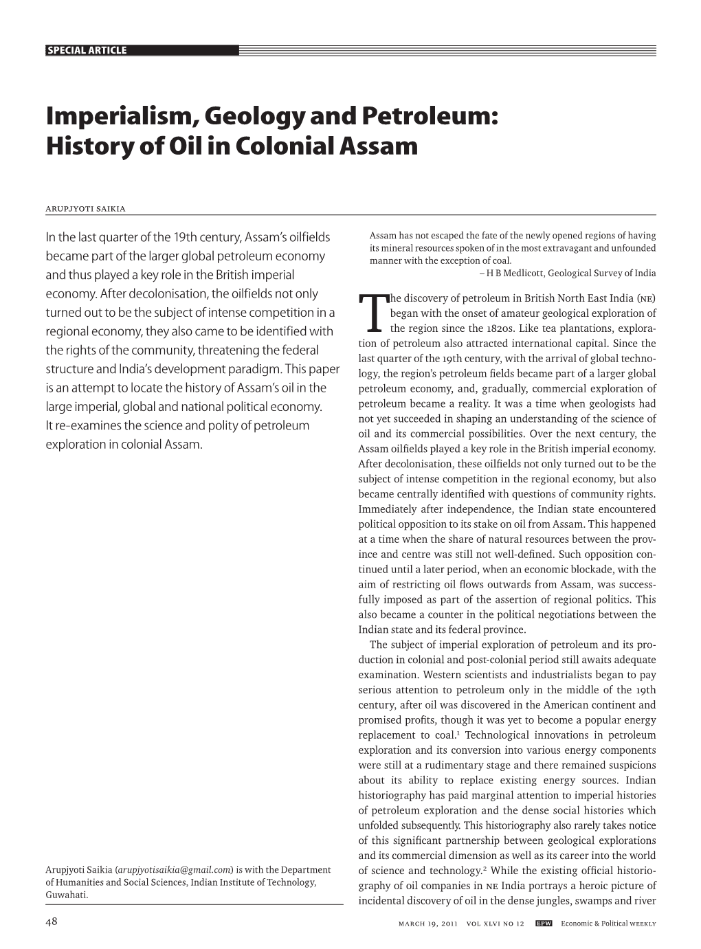 Imperialism, Geology and Petroleum: History of Oil in Colonial Assam