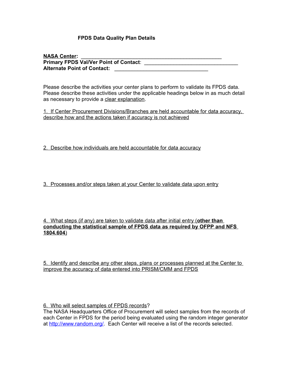 FPDS-NG Data Verification and Validation (V&V) Plan Details