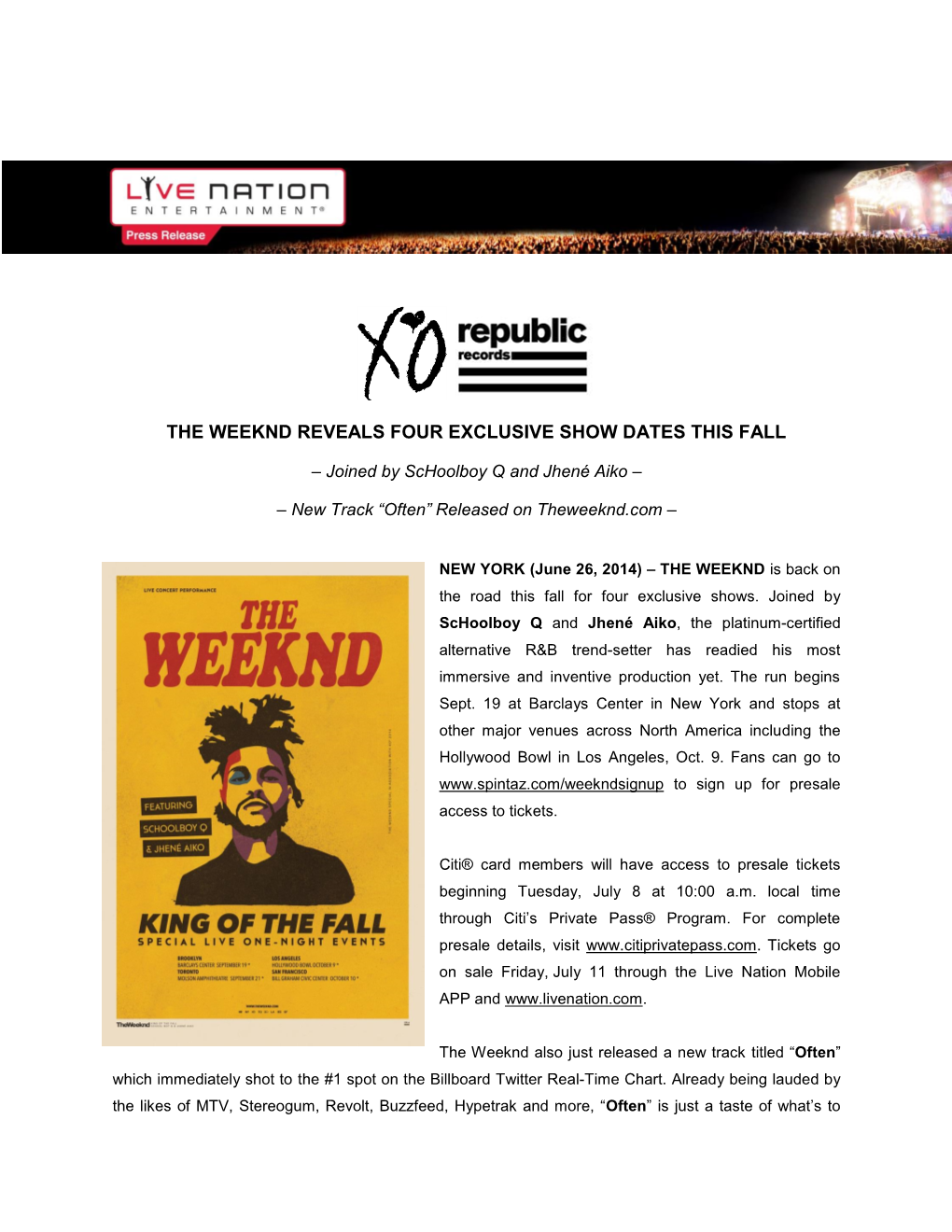 The Weeknd Reveals Four Exclusive Show Dates This Fall