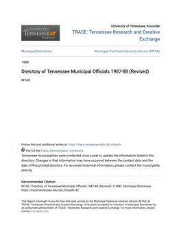 Directory of Tennessee Municipal Officials 1987-88 (Revised)