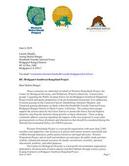 June 4, 2018 Leeann Murphy Acting District Ranger Humboldt-Toiyabe National Forest Bridgeport Ranger District HC 62 Box 1000