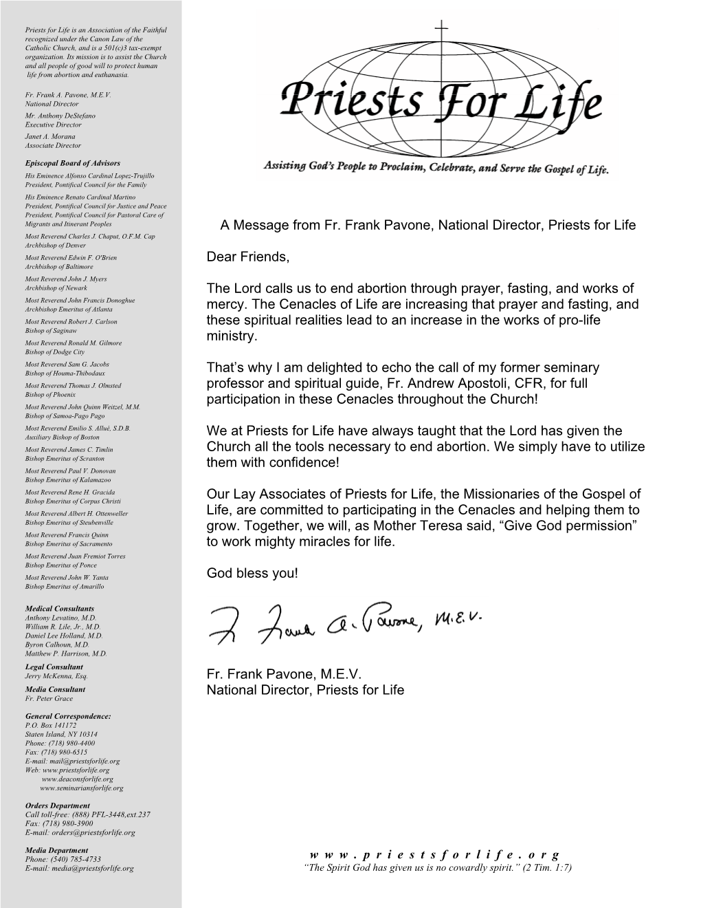 A Message from Fr. Frank Pavone, National Director, Priests for Life Most Reverend Charles J