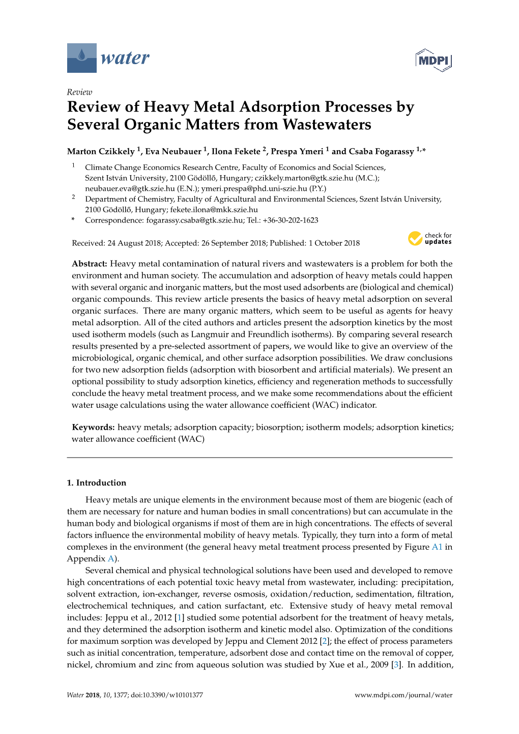 Review of Heavy Metal Adsorption Processes by Several Organic Matters from Wastewaters