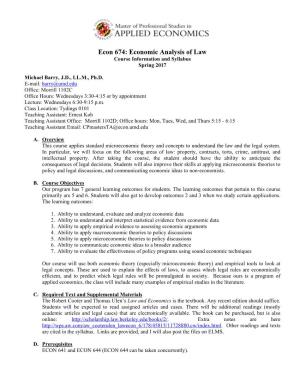 Econ 674: Economic Analysis of Law Course Information and Syllabus Spring 2017