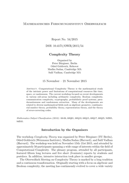 Mathematisches Forschungsinstitut Oberwolfach Complexity Theory