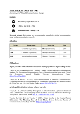 ASST. PROF. HİKMET TOSYALI Department of Visual Communication Design