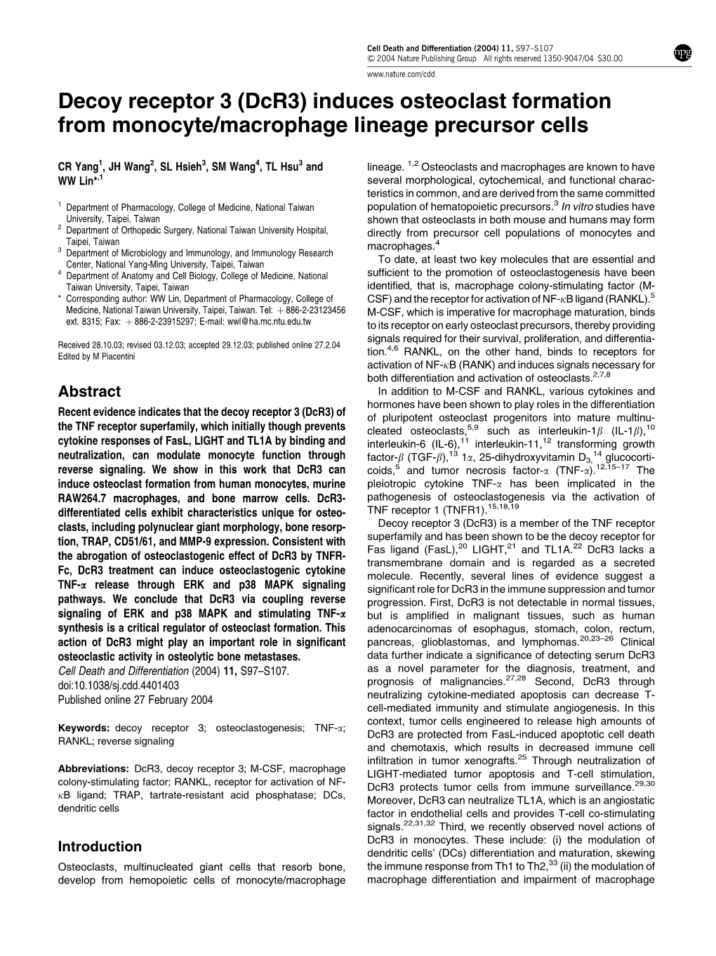 Decoy Receptor 3 (Dcr3) Induces Osteoclast Formation from Monocyte/Macrophage Lineage Precursor Cells