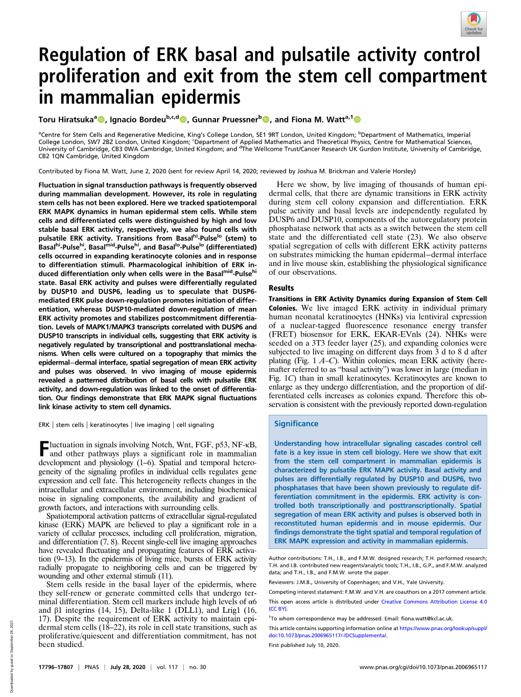 Regulation of ERK Basal and Pulsatile Activity Control Proliferation and Exit from the Stem Cell Compartment in Mammalian Epidermis