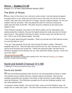 Moses -- Exodus 2:1-10 David and Goliath (I Samuel 17:1-58)