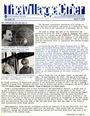 Vol. 6 No. 14 ... Enrico Fermi, Distinguished Physicist, Whose Name Will Head Illinois Research Laboratory ••• ... H. Ande