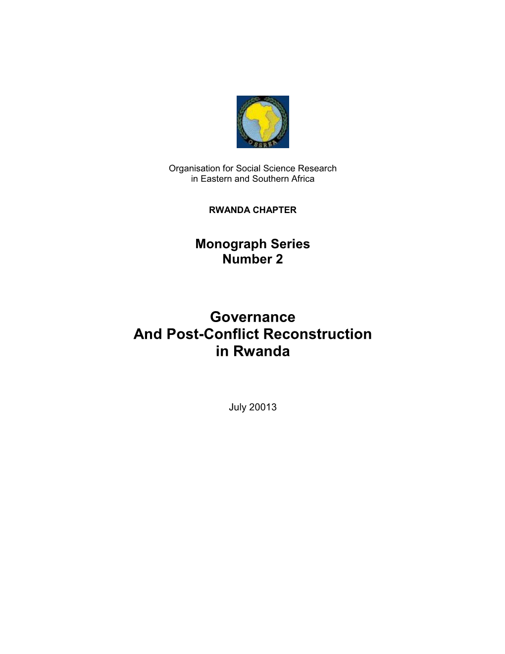 Governance and Post-Conflict Reconstruction in Rwanda