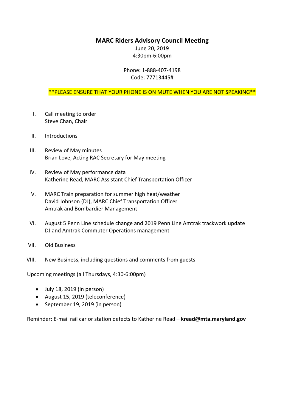 MARC Riders Advisory Council Meeting June 20, 2019 4:30Pm‐6:00Pm