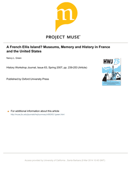 A French Ellis Island? Museums, Memory and History in France and the United States