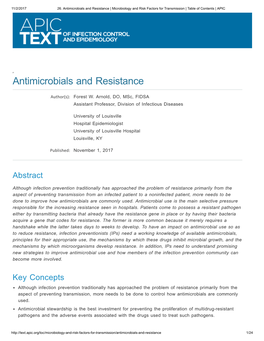 Antimicrobials and Resistance | Microbiology and Risk Factors for Transmission | Table of Contents | APIC