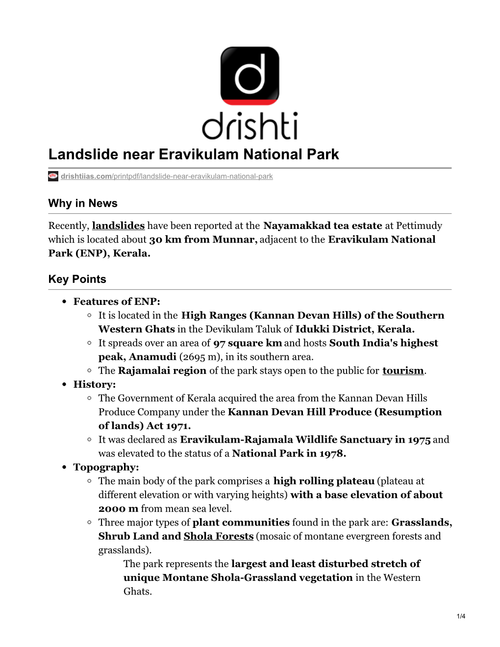 Landslide Near Eravikulam National Park