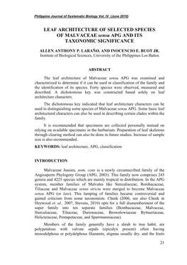 LEAF ARCHITECTURE of SELECTED SPECIES of MALVACEAE Sensu APG and ITS TAXONOMIC SIGNIFICANCE