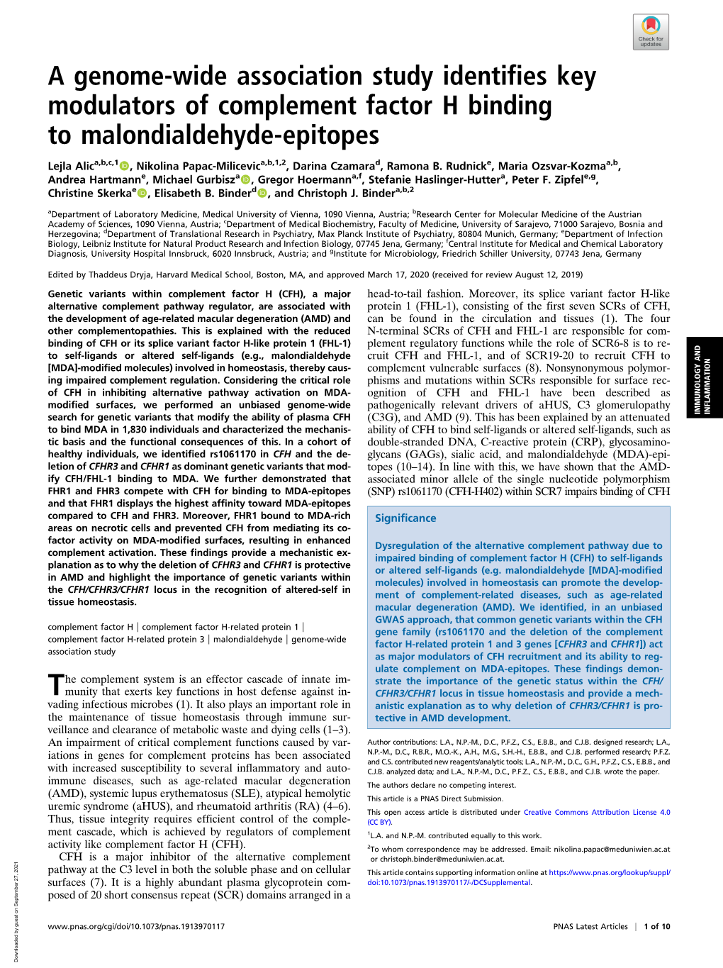 A Genome-Wide Association Study Identifies Key Modulators of Complement Factor H Binding to Malondialdehyde-Epitopes