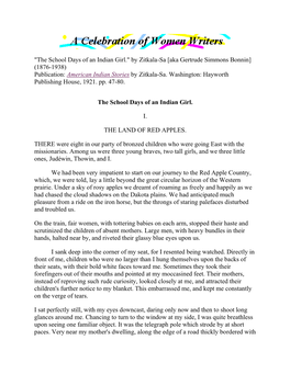 "The School Days of an Indian Girl." by Zitkala-Sa [Aka Gertrude Simmons Bonnin] (1876-1938) Publication: American Indian Stories by Zitkala-Sa